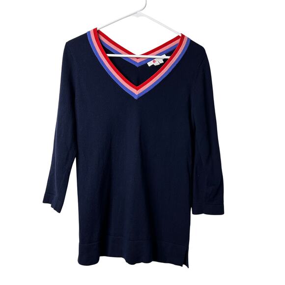 Boden Sweater Women XS Navy V Neck Wool Cotton Blend Colorful 3/4 Sleeve - Picture 1 of 7